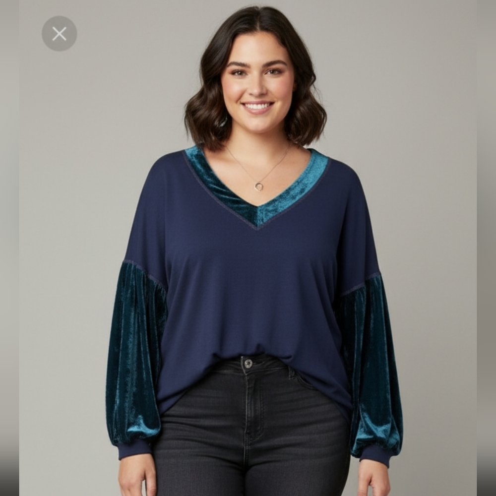 Suzanne Betro Weekend NWT Vneck Velvet Trim Long‎ Sleeve Blouse Womens Size 1X